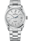 A Grand Seiko stainless steel watch with a textured silver dial, silver-tone case, and matching steel link bracelet, shown against a plain white background.