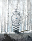 A silver-tone wristwatch with a white dial and blue hands stands upright on a birch log in a snowy forest setting.