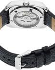 Seiko watch with black leather strap and visible mechanism on a white background