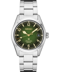 Seiko watch with green dial and silver metal strap on a white background