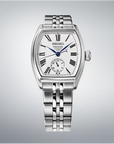 Silver Seiko watch with a white face on a gray background