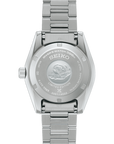 Silver Seiko watch with detailed case back on a white background