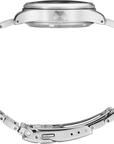 Close-up side view of a stainless steel watch with a multi-link bracelet and a circular crown, shown on a plain white background.