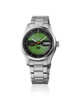 A Seiko 5 Sports SRPM09 automatic watch, showcasing its 42.5mm stainless steel case, a rich forest green dial with a day-date window, a matching green elapsed-time bezel, a 4 o'clock crown, and a steel link bracelet.