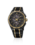 A limited edition Seiko Astron SSH186 GPS Solar Chronograph watch, showcasing its 44.1mm black titanium case, a gold-accented sapphire bezel, a textured black dial with four vertically arranged subdials, gold hands, and a matching black titanium bracelet