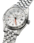 Silver Seiko watch with a white face on a white background- ANGLED