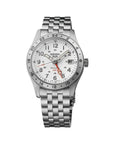 Silver Seiko watch with a white face on a white background FACED
