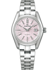 Pink Dial grand seiko watch with silver metal bracelet on white background