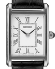 Seiko watch with black leather strap and white face