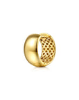 A polished gold earring with a smooth, rounded exterior and a textured, openwork honeycomb-like interior, shown on a clean white background.