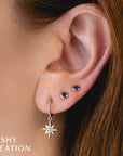 Shy Creation 14K yellow gold mini blue sapphire bezel stud earrings, alternate product photograph