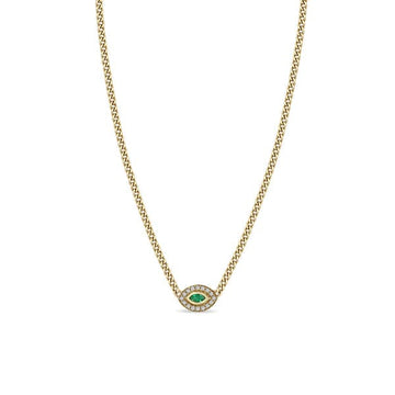 Zoe Chicco 14K Yellow Gold XS Curb Chain Marquise Emerald Halo Necklace - Skeie's Jewelers
