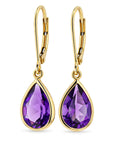 14K yellow gold pear-shaped purple amethyst bezel drop earrings 3.29ctw front view