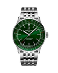 A Breitling Navitimer Automatic 41mm watch showcasing a polished stainless steel case and a rich green dial, highlighting the white circular slide rule scale, bidirectional beaded bezel, and luminous baton hour markers.