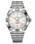 A Breitling wristwatch with a stainless steel link bracelet, featuring a silver-toned case, white dial, and a red seconds hand on a clean white background.