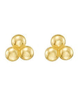 Pair of gold ball pyramid earrings front view on a white background