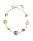 Gold bracelet with multicolored gemstones on a white background