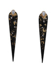 Logan James Talon PS elongated black steel and yellow gold earrings with pear-shaped diamonds and scattered diamond accents, front view