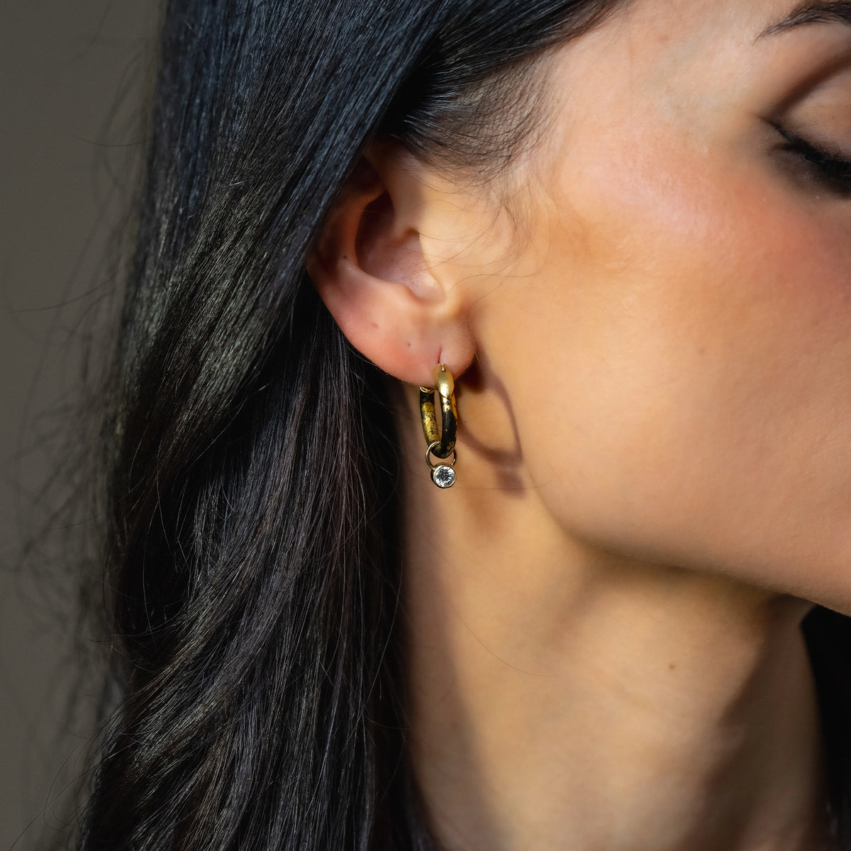Steel & Yellow Gold Hoops with Diamond Dangle