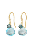 Gold earrings with blue gemstones on a white background