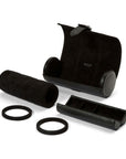 Black watch roll with inside compartment carrying case on a white background