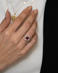 Vintage-Inspired Ruby Ring with Diamond Halo - Skeie's Jewelers
