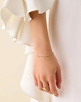 Close-up of a person's wrist wearing a gold bracelet and ring on a plain background
