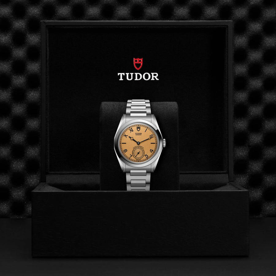 Tudor watch in a black display case with the Tudor logo.
