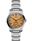 Silver watch with a brown face on a white background open bracelet