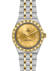 Tudor watch with gold and silver band on a white background