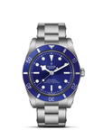 Silver watch with blue dial on a white background