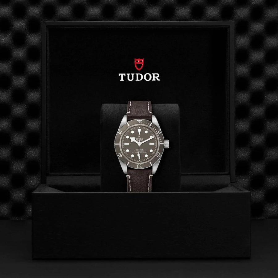Tudor watch with brown leather strap in a black box on a textured black background