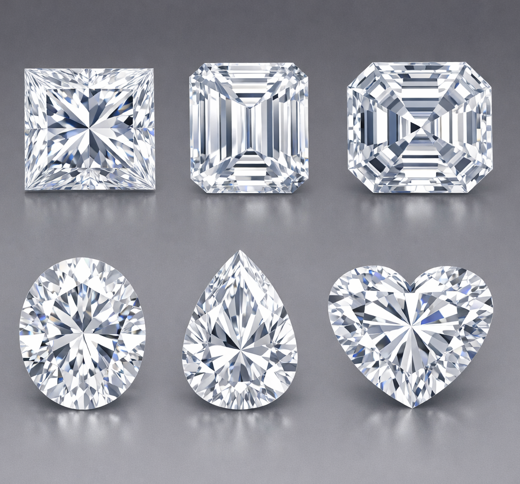 Fancy Diamond shapes: Square shaped diamond, emerald cut diamond, Ascher cut diamond, oval shaped diamond, pear shaped diamond, and heart shaped diamond.