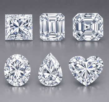 Fancy Diamond shapes: Square shaped diamond, emerald cut diamond, Ascher cut diamond, oval shaped diamond, pear shaped diamond, and heart shaped diamond.