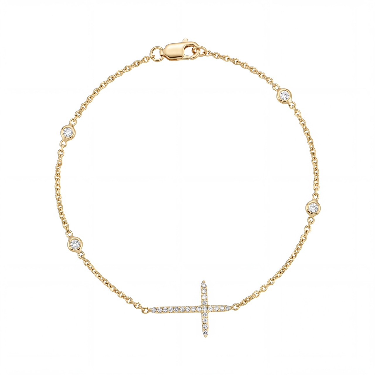 Gold bracelet with diamond accents on cross and chain on  a white background