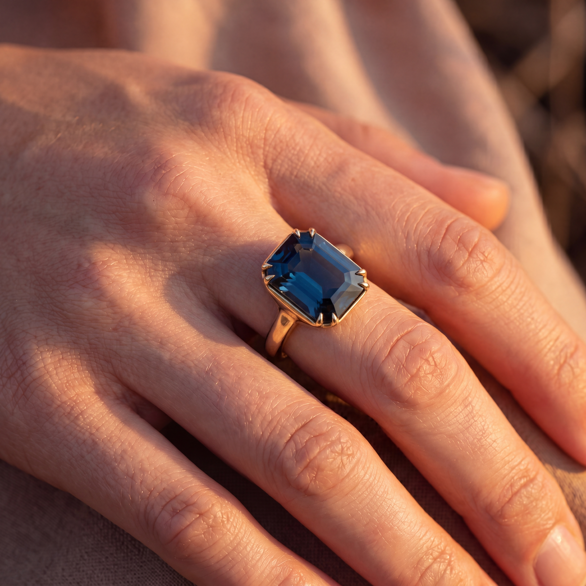 Hand wearing a ring with a blue gemstone against a blurred background