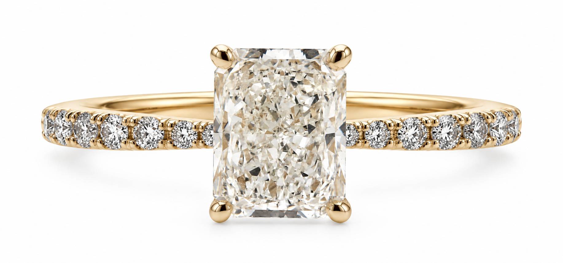 A yellow gold engagement ring featuring a large rectangular radiant-cut center diamond and a diamond-accented band, shown on a clean white background.