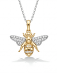 Gold bee pendant with diamond accents on a white background front view