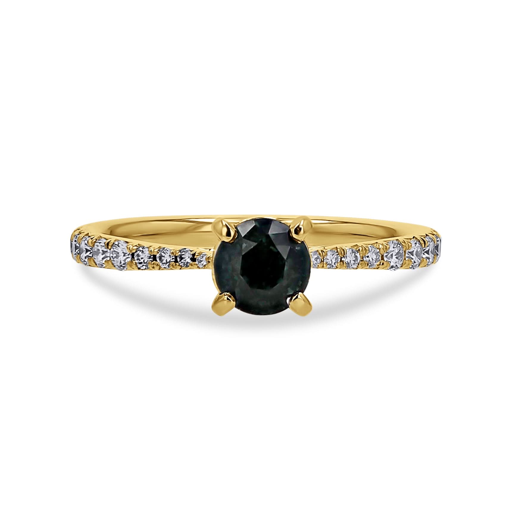 Gold ring with a dark gemstone and diamond-studded band on a white background