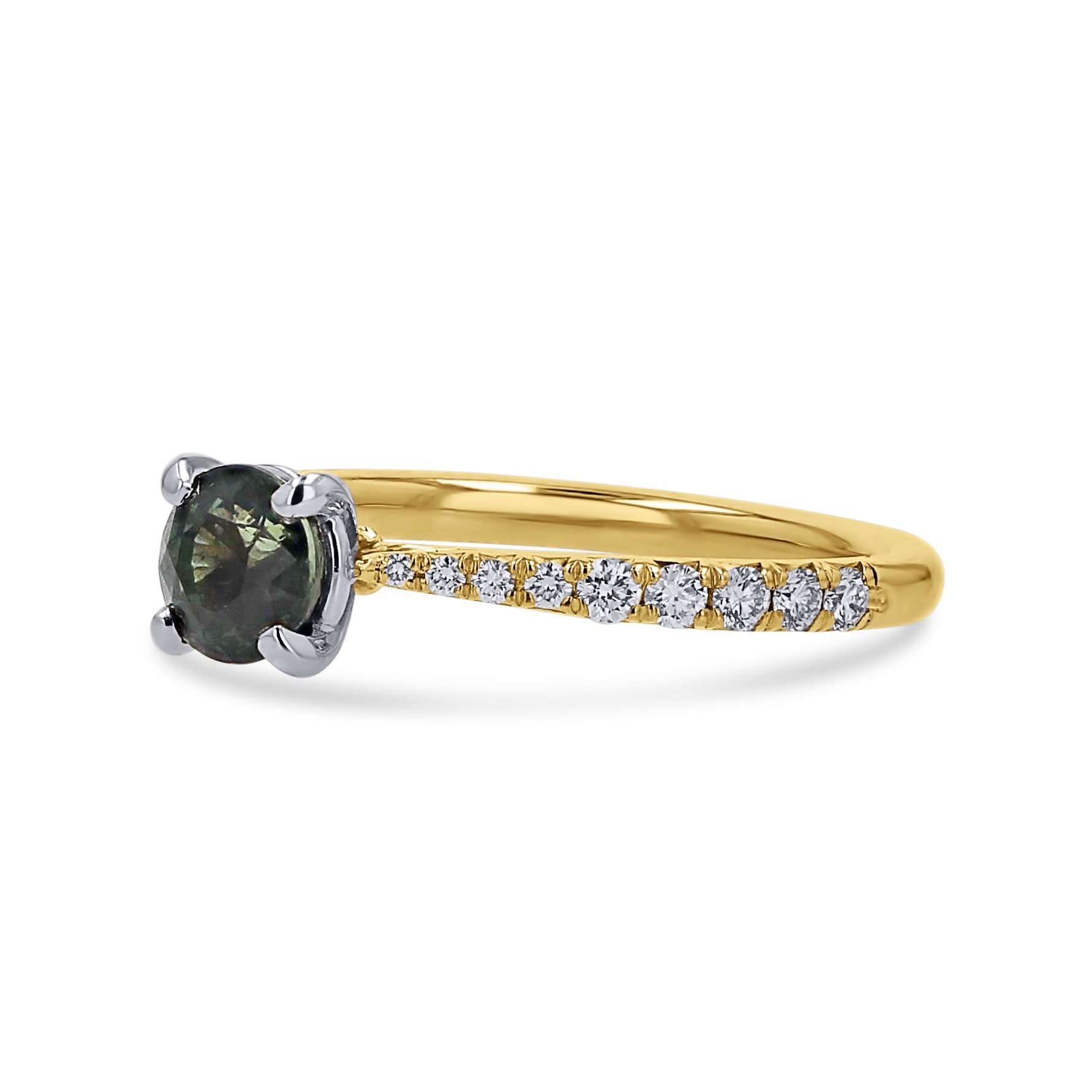 Gold ring with a green gemstone and smaller diamonds on a white background