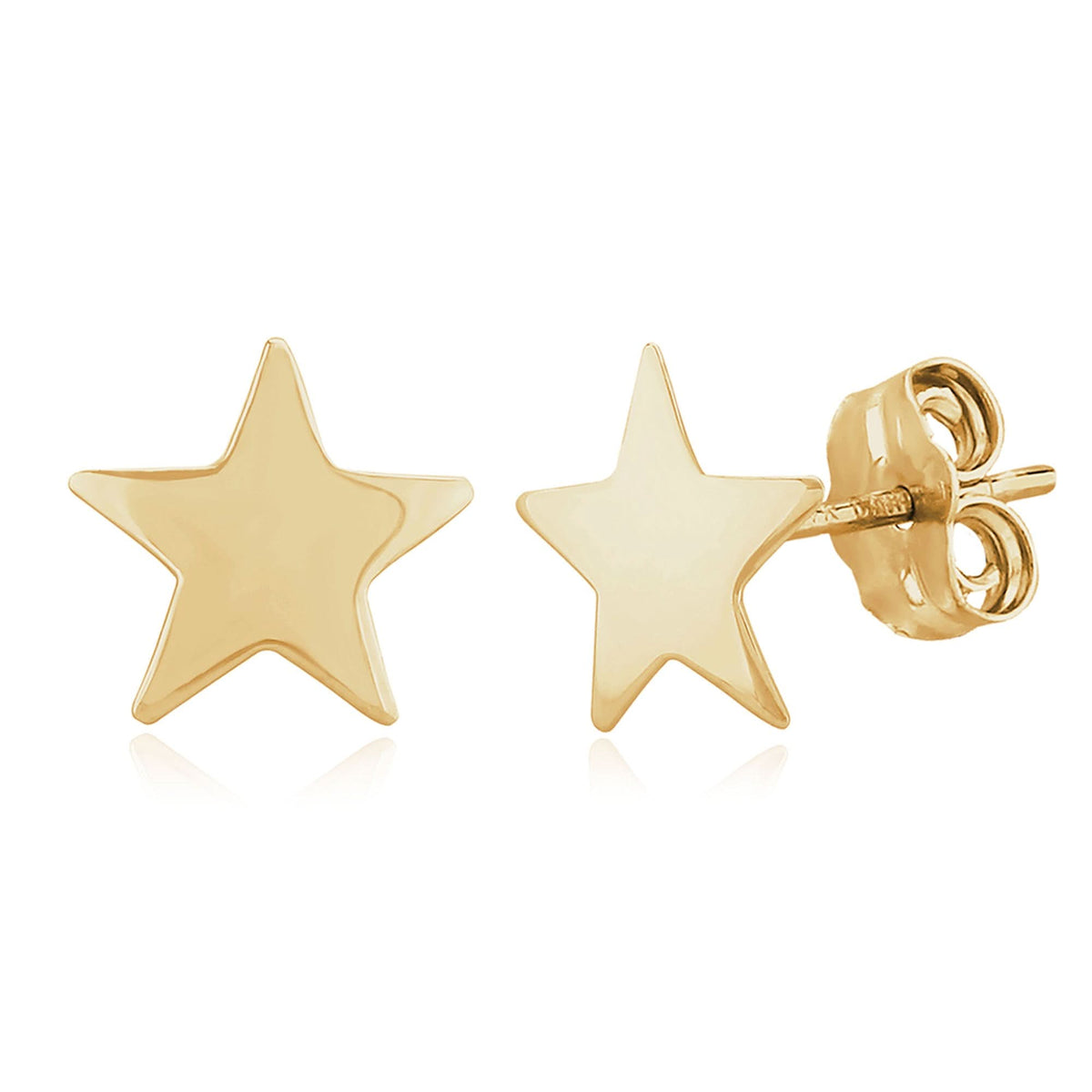 A pair of gold star-shaped stud earrings, one shown from the front and the other from the side/back to display the post and butterfly clasp, on a clean white background.