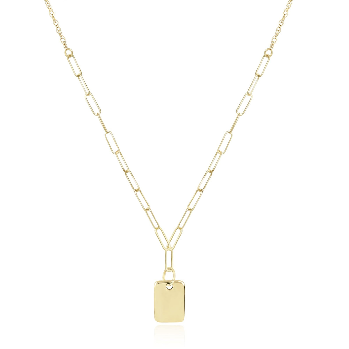 A gold paperclip chain necklace with a small, polished rectangular pendant, displayed on a clean white background.