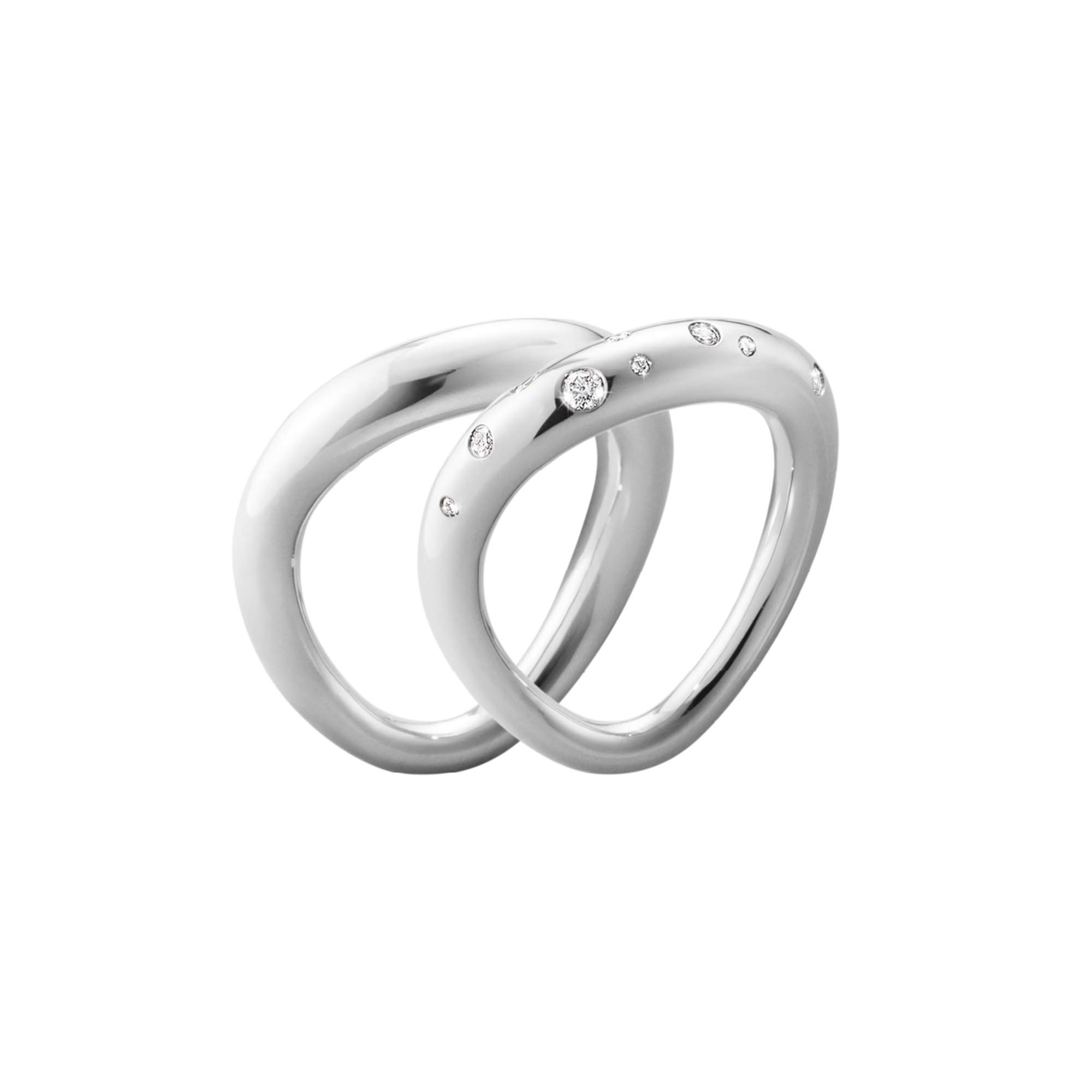 Two silver rings with small diamonds on a white background