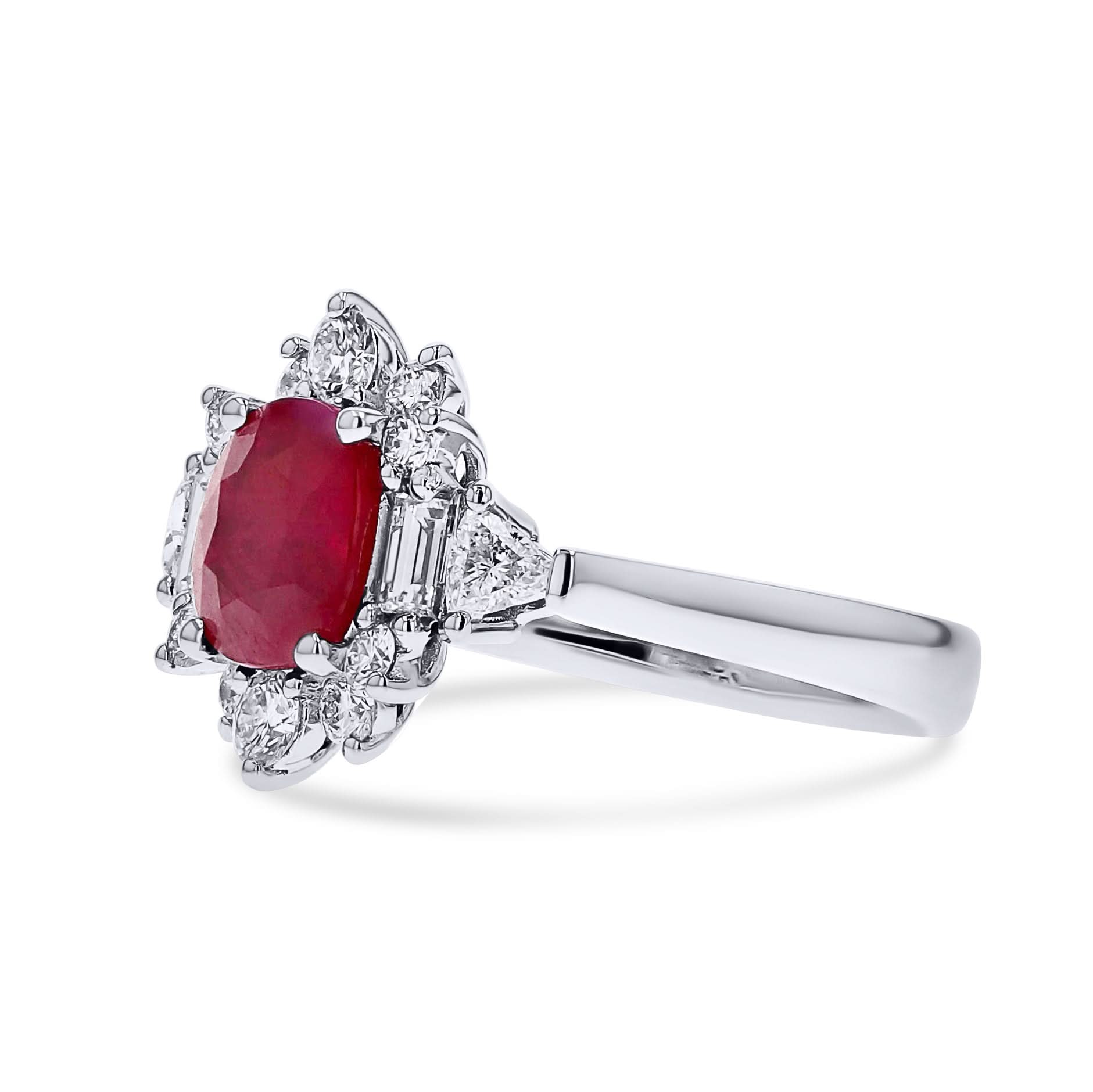 Vintage-Inspired Ruby Ring with Diamond Halo - Skeie's Jewelers