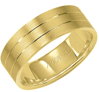 Flat Edge Carved Line Yellow Gold Men's Wedding Band - Skeie's Jewelers
