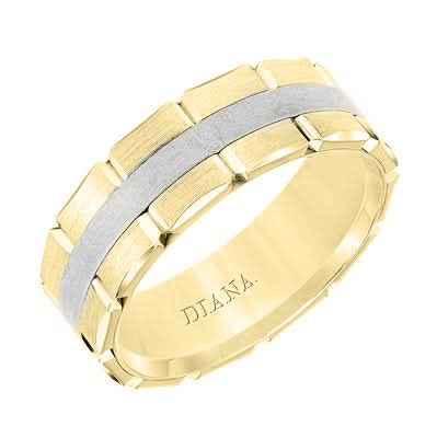 A two-tone yellow gold ring with a textured beaded outer band and a brushed silver center inlay, featuring the engraved brand name 'DIANA' on the inside, set against a plain white background.