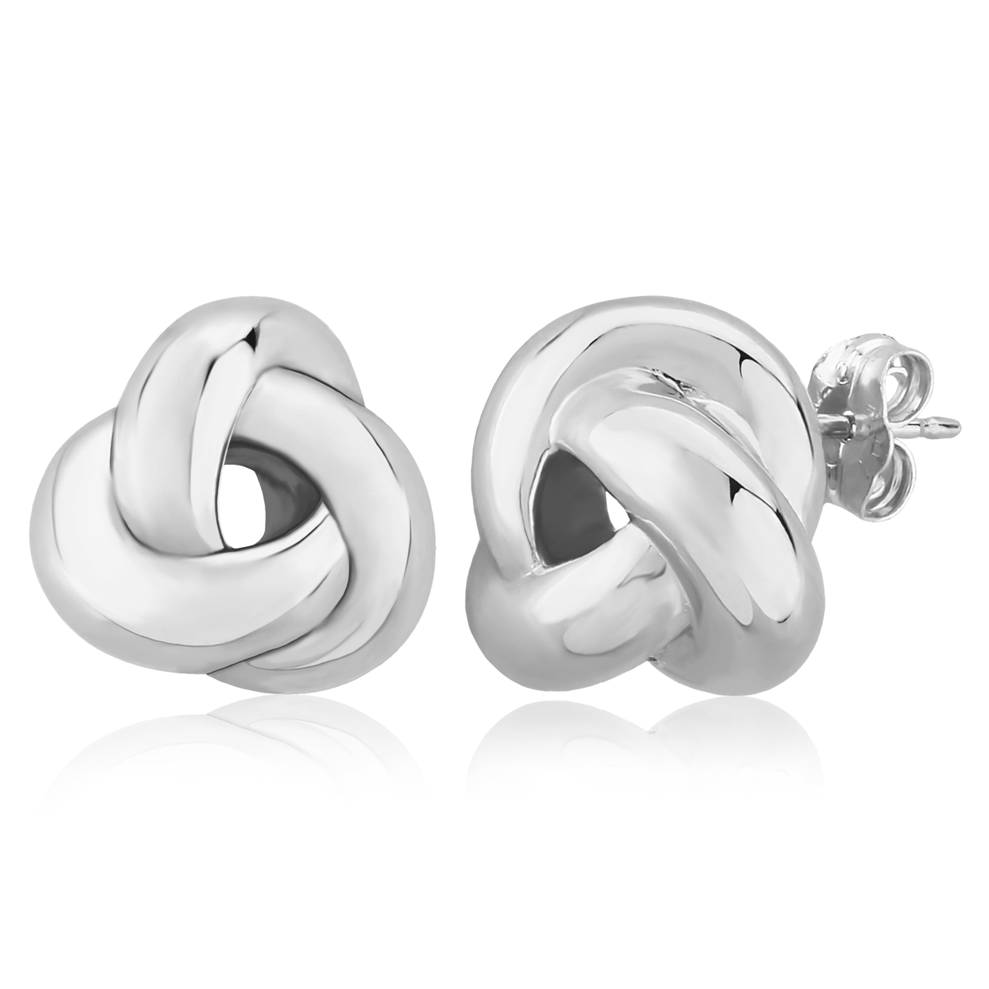 Silver knot earrings on a white background