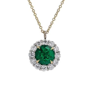 Platinum Emerald & Diamond Halo Pendant Necklace - Skeie's Jewelers