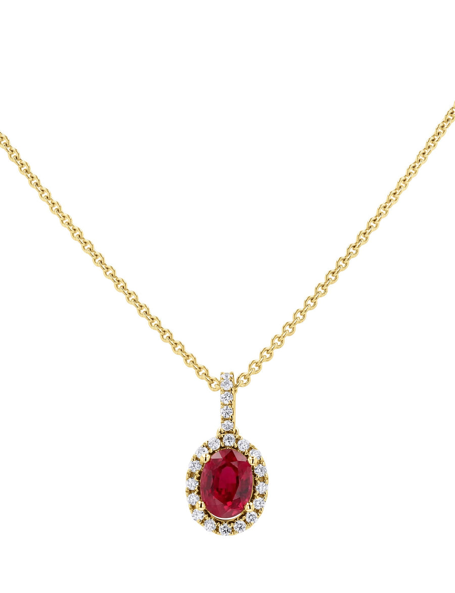 Ruby and Diamond Halo Oval Pendant Necklace