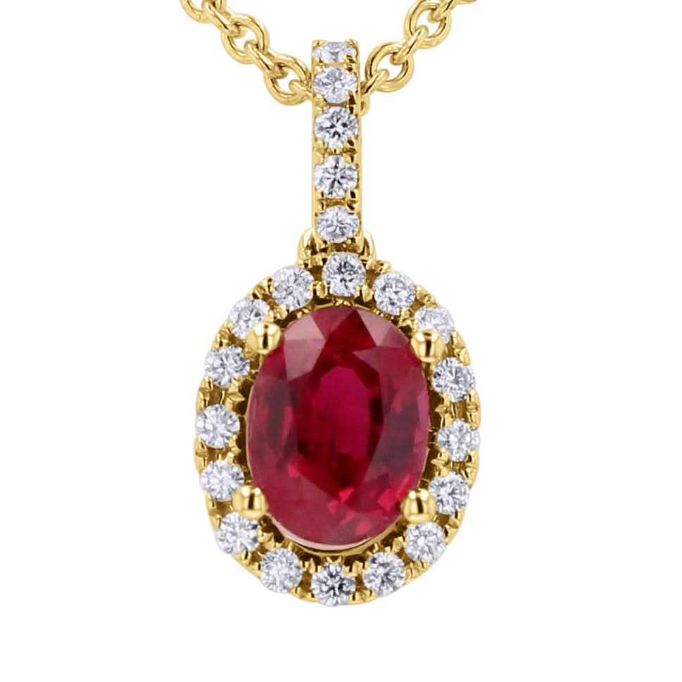 Ruby and Diamond Halo Oval Pendant Necklace - Skeie's Jewelers